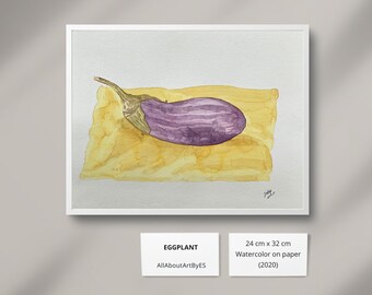 Eggplant watercolor original painting handmade wall art birthday gift