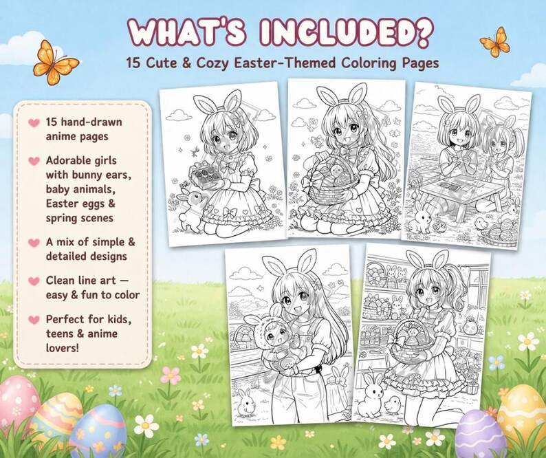 Anime Easter Coloring Pages, Bunny Girls, Spring Scenes (PDF Download ...