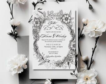 黒と白のミニマリストな花柄の結婚式招待状テンプレート | デジタルダウンロード
