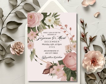 Pink, Green, and White Floral Wedding Invitation Template | Digital Download