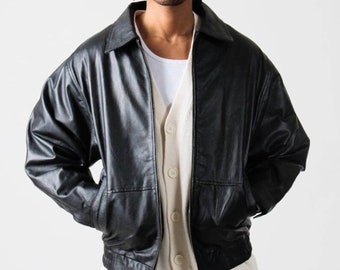 Giacca bomber in pelle da uomo oversize anni '90, giacca in pelle nera fatta a mano, giacca in pelle oversize, giacca in pelle da uomo, giacca in pelle vintage