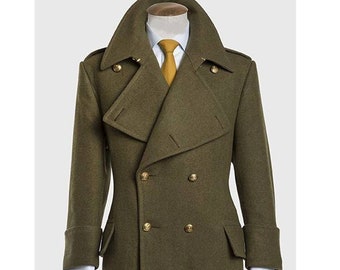1970er Jahre Militär Wollmantel, langer Herrenmantel Wollmantel Italienischer Militärmantel, Zweireihiger Mantel. Langer Wollmantel, Militär Mantel Wollmantel