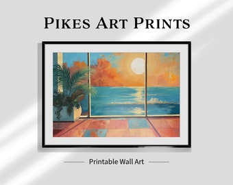 Beach Sunset Digital Print | Tropical Ocean Wall Art | Coastal Home Decor | Printable Beach Scene | Palm Tree Artwork | Instant Download
