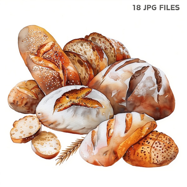 Bread Baker Clip Art Collection with Watercolor Sourdough, Ideal for Junk Journal and Watercolor Food Designs, Perfect for Paper Craft