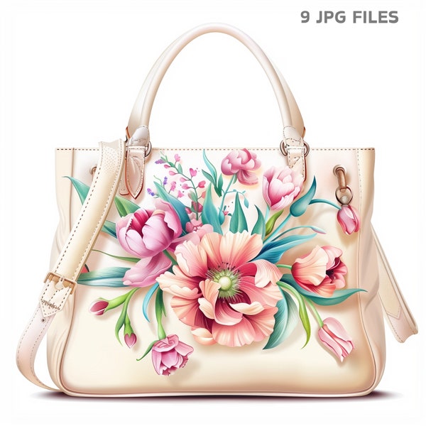 9 Woman Handbag Clipart, Floral Purse, Journaling Pages, JPG Files for DIY Crafts, Floral Handbag Digital Clipart for Crafting, Scrapbooking