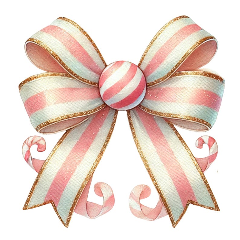 Coquette Bow With Candy Cane Stripe Clipart, Watercolor Bows for Preppy