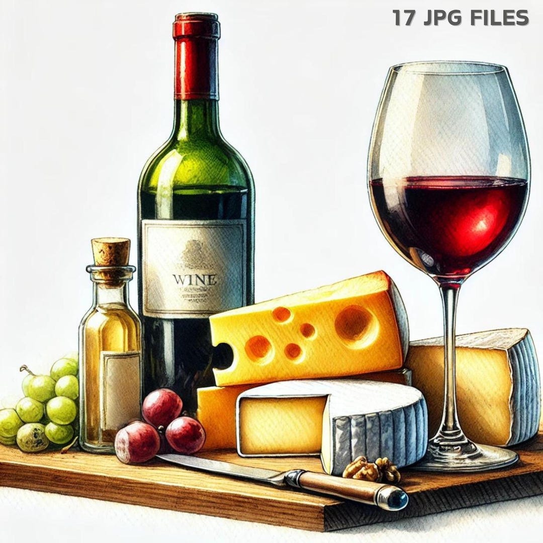 Vintage Wine and Cheese Clipart, Digital Print for Restaurant Menu ...