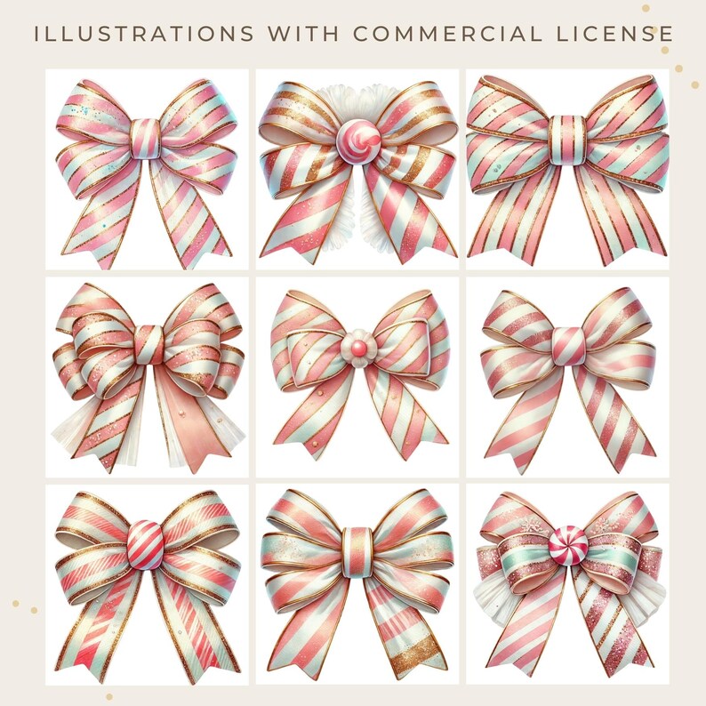 Coquette Bow With Candy Cane Stripe Clipart, Watercolor Bows for Preppy