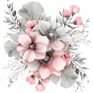 Pink and Grey Wedding Clipart, Floral Arrangements, Digital Download, Watercolor Pastel Flowers ...