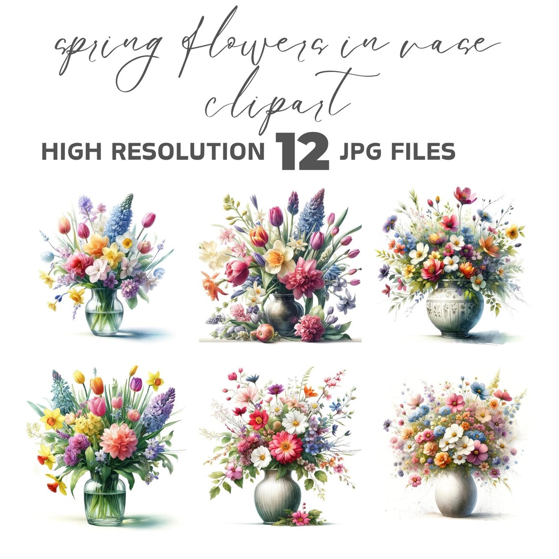 12 Spring Bouquet Watercolor Clipart, Digital Crafting for Scrapbooking ...