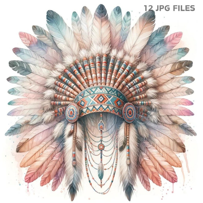 Printable Indian Headdress Scrapbook Images, Watercolor American Indian ...