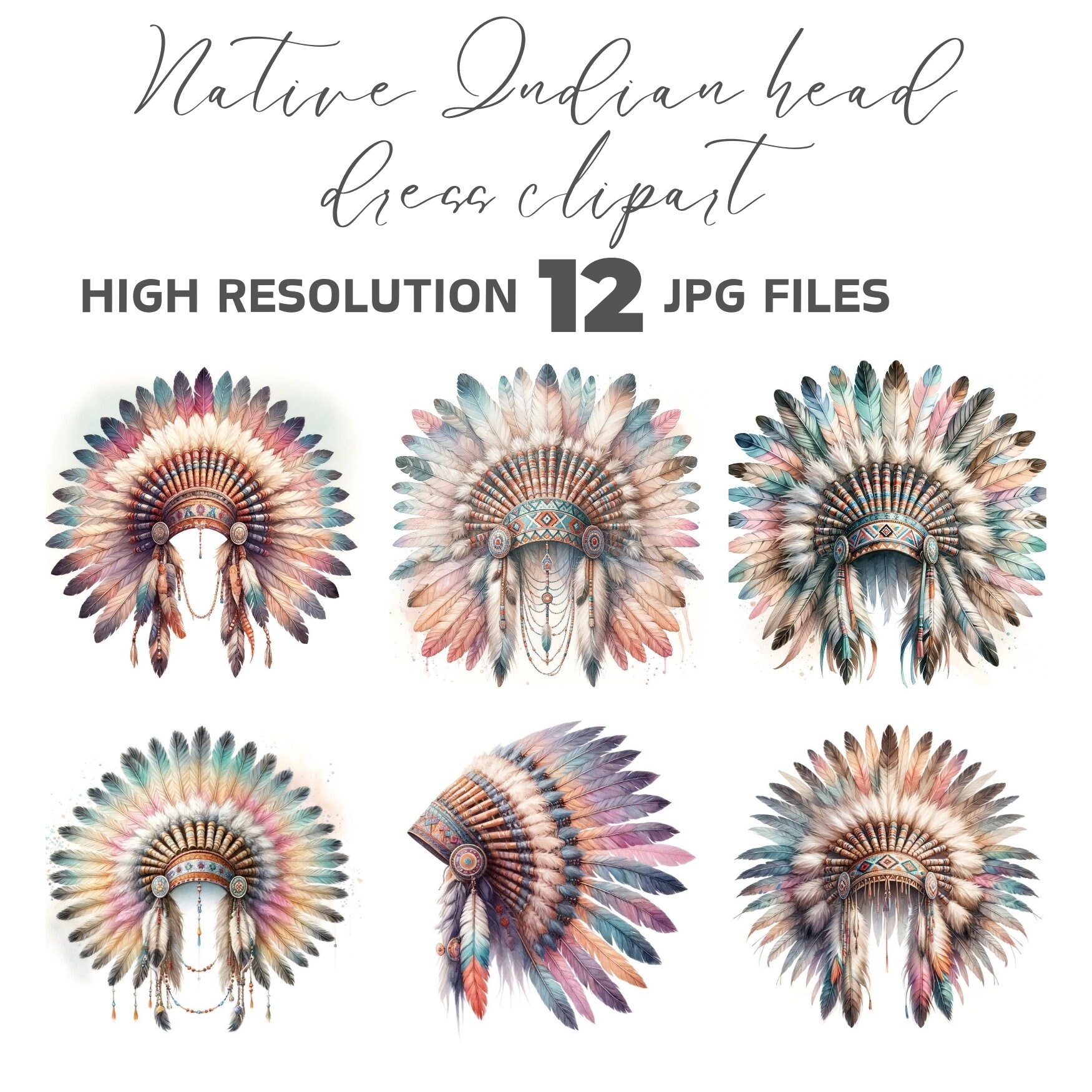 Printable Indian Headdress Scrapbook Images, Watercolor American Indian ...