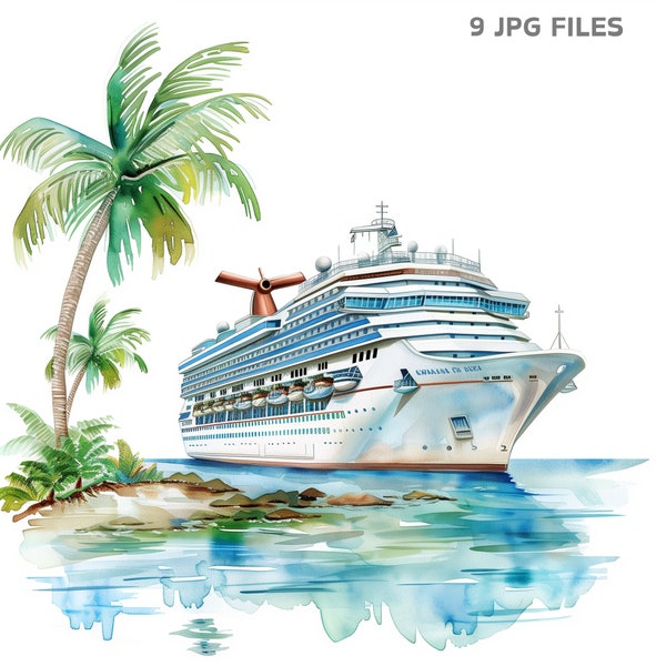 9 Beach and Cruise Ship Images for Junk Journals,Digital Backgrounds, Travel Clipart, Watercolor Summer Images for Scrapbooking and Crafting