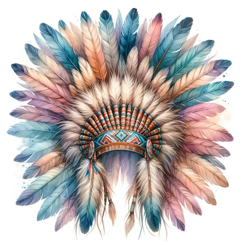 Printable Indian Headdress Scrapbook Images, Watercolor American Indian ...