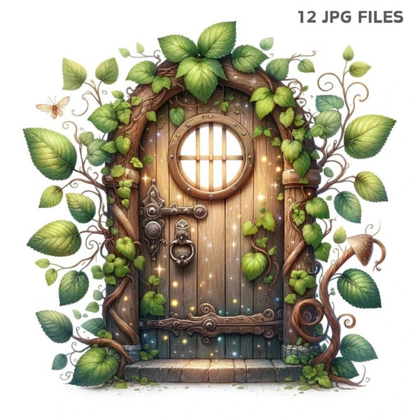 Digital Watercolor Fairy Doors Clipart, Instant Download for Junk Journal Covers & Fantasy Art Prints, Medieval Hobbit House, Commercial Use
