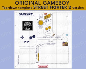 Original GAMEBOY Teardown template - STREET FIGHTER 2 version (white blueprint background)