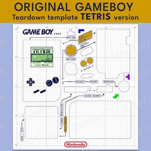 Puede incluir: Un diagrama en blanco y negro de una Game Boy, una consola de videojuegos portátil, con el texto "GAME BOY 1989" y "TETRIS" en la pantalla. El diagrama muestra la ubicación de los diferentes componentes de la consola, incluidos los botones, el altavoz y la placa de audio.