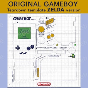 ORIGINAL GAMEBOY Teardown template ZELDA version white blueprint background image 1