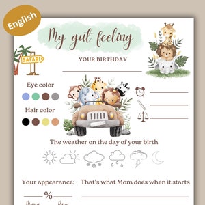 ENGLISH - Safari Fill-in Card Baby Party - My Gut Feeling, Tip Card to Fill Out at Baby Parties, Neutral Colors, Baby Party, Baby Shower