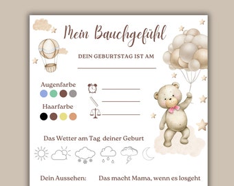 Teddy Bear Baby Shower Fill-in Card - My Gut Feeling, Tip Card to Fill Out at Baby Showers, Boho Style, Neutral Colors, Baby Shower, Beige