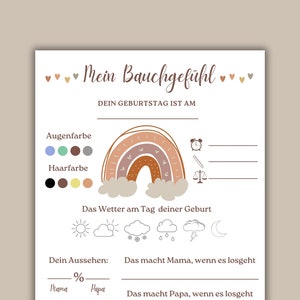 Ausfüllkarte Babyparty - Mein Bauchgefühl, Tippkarte zum Ausfüllen auf Babyparties, Boho-Stil, Neutrale Farben, Baby Party, Baby Shower