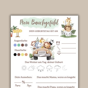 Safari Ausfüllkarte Babyparty - Mein Bauchgefühl, Tippkarte zum Ausfüllen auf Babyparties, Neutrale Farben, Baby Party, Baby Shower