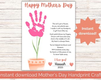 Mother's Day Flower Keepsake Handprint Memory Craft, Printable Handprint Art for Mother’s Day Gift, Toddler Handprint Activity Card