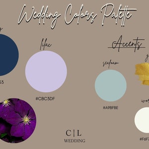 May include: Wedding color palette with navy, lilac, seafoam, gold, and ivory colors. The hex codes for each color are listed below the color names. The text "Wedding Colors Palette" is at the top of the image. The text "CIL Wedding" is at the bottom of the image.