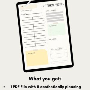 May include: A digital planner page with the title "Return Visits" and sections for "Name - Address", "Placements", "Partner(s)", "Next Visit Notes", and "Reminders".