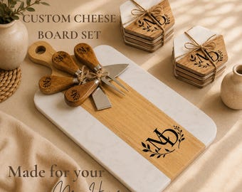 Custom Marble Wood Charcuterie Board Set Hexagonal Coasters Personalized Wedding Housewarming Realtor Closing Gift