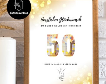 Golden wedding anniversary cash gift immediately available for printing | 50th wedding anniversary | Couple gift | Digital download | PDF | A4