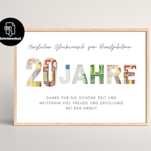 Presente em dinheiro por 20 anos de serviço imediatamente disponível para impressão | Aniversário da empresa | Presente de última hora | Download instantâneo de PDF | A4