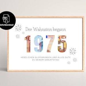 Regalo en dinero por 50 cumpleaños disponible inmediatamente para imprimir | 1975 | Cumpleaños redondo | Regalo de cumpleaños de última hora | Descarga instantánea de PDF