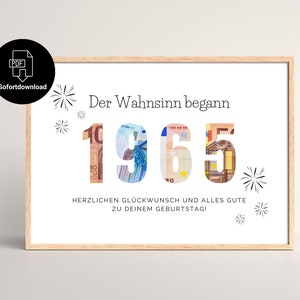 Regalo en dinero por 60 cumpleaños disponible inmediatamente para imprimir | 1965 | Cumpleaños redondo | Regalo de cumpleaños de última hora | Descarga instantánea de PDF
