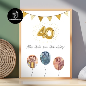 40歳の誕生日にすぐに印刷できるマネーギフト |直前の誕生日プレゼント |デジタルダウンロード | PDF A4