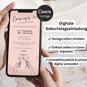 Digitale Einladung Geburtstag auf einem Smartphone das in der Hand gehalten wird. Im Hintergrund sind ein Tuch sowie eine Marmorfläche zu sehen.