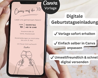 Digital födelsedagsinbjudan | Anpassningsbar Canva-mall tillgänglig direkt | WhatsApp-inbjudan | e-kort för födelsedag | 30-årsjubileum, 40-årsjubileum, 50-årsjubileum, 60-årsjubileum