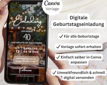 Digital födelsedagsinbjudan tillgänglig direkt | Inbjudan till trädgårdsfest | Mall för födelsedagsinbjudan i Canva | WhatsApp-inbjudan | e-kort