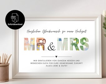 May include: A white printable card with the text "Herzlichen Glückwunsch zu eurer Hochzeit" and "MR&MRS" in large letters made of euro bills. The text "WIR GRATULIEREN VON GANZEM HERZEN UND WÜNSCHEN EUCH FÜR EURE GEMEINSAME ZUKUNFT ALLES LIEBE & GUTE!" is printed below the letters.