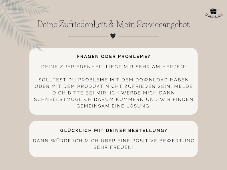 Informationen zum Kundenservice beim Kauf einer PDF-Vorlage für ein Geldgeschenk Taufe Mädchen beim Etsy-Shop SchenkGlueck