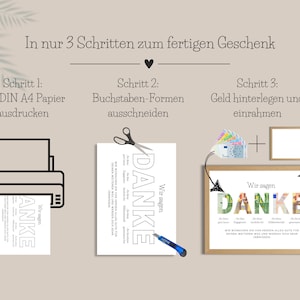 Beschreibung der drei Schritte zur Herstellung eines Abschiedsgeschenks für die Kollegin mithilfe der PDF-Vorlage