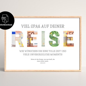 Geldgeschenk Reisekasse in einem Holzbilderrahmen mit in den Buchstaben-Ausschnitten hinterlegten Geldscheinen.