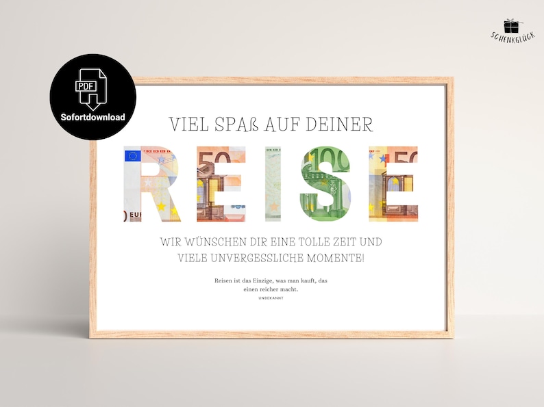 Geldgeschenk Reisekasse in einem Holzbilderrahmen mit in den Buchstaben-Ausschnitten hinterlegten Geldscheinen.