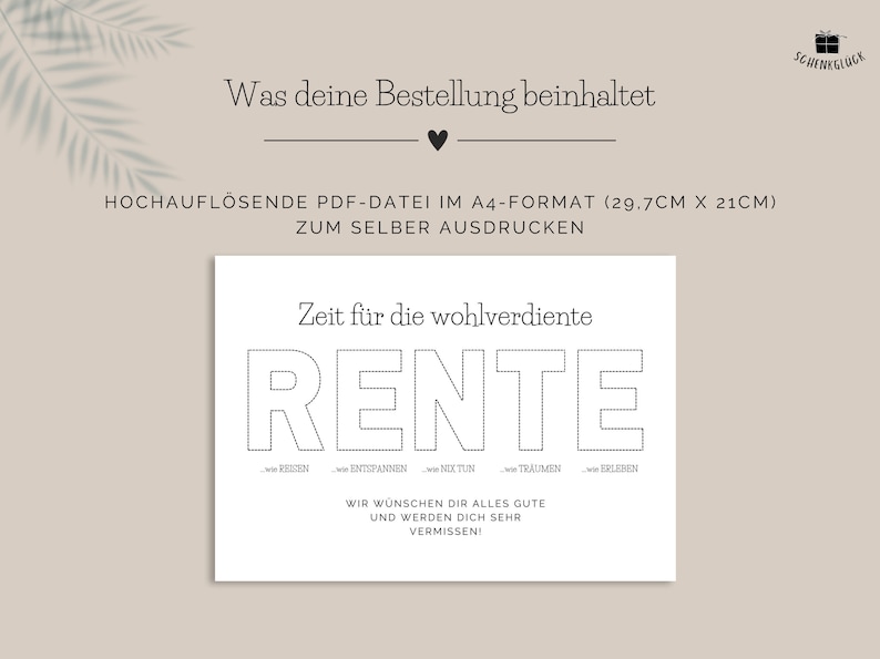 Bestelldetails zum Kauf einer PDF-Vorlage für ein Geldgeschenk zur Rente