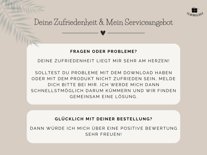 Hinweise zum Kundenservice beim Kauf einer PDF-Vorlage für ein Abschiedsgeschenk Kollegin beim Etsy-Shop SchenkGlück
