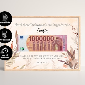 Personalisiertes Jugendweihe Geldgeschenk zum Ausdrucken | Geschenk Jugendweihe Mädchen oder Junge | Deine erste Million | A4 PDF-Download