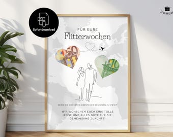 Flitterwochen Geschenk sofort verfügbar zum Ausdrucken | Geldgeschenk Hochzeitsreise | Für das Brautpaar | Digital Download | PDF | A4