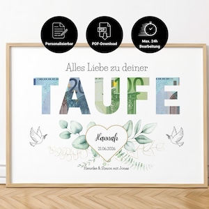 Personalized baptism gift to print | Baptism cash gift template | Baptism gift for girls and boys | PDF download | A4