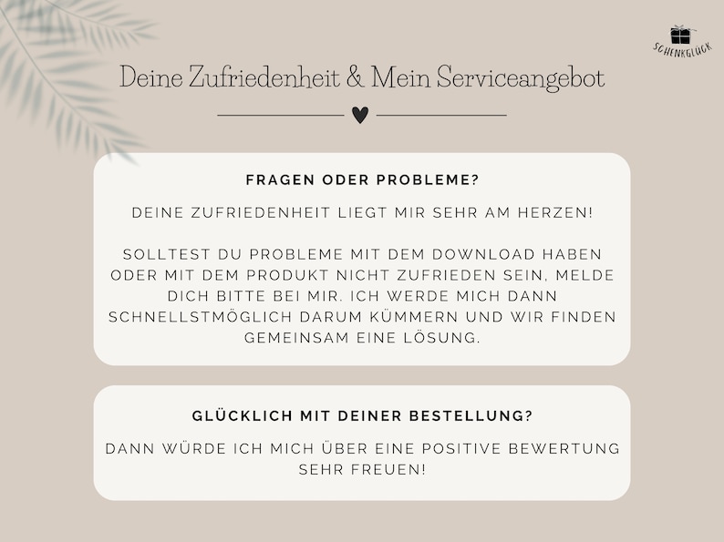 Informationen zum Kundenservice beim Kauf einer PDF-Vorlage für ein Geldgeschenk Reisekasse beim Etsy-Shop Schenkglück