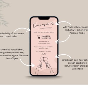 Informationen zur möglichen Gestaltung der personalisierbaren Canva Vorlage für eine digitale Einladung zum Geburtstag